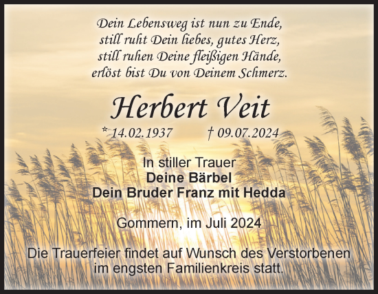 Traueranzeige von Herbert Veit von Volksstimme Burg/Genthin