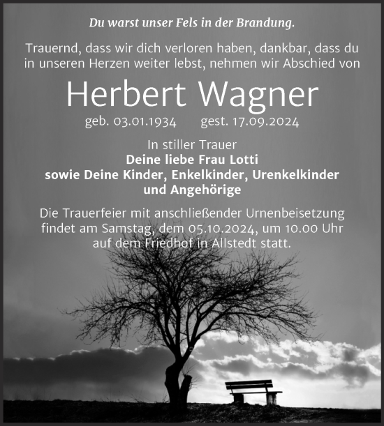 Traueranzeige von Herbert Wagner von Trauerkombi Sangerhausen