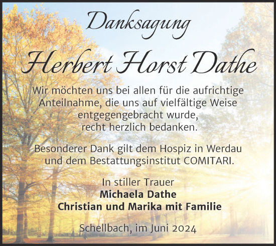 Traueranzeige von Herbert Horst Dathe von Trauerkombi Zeitz