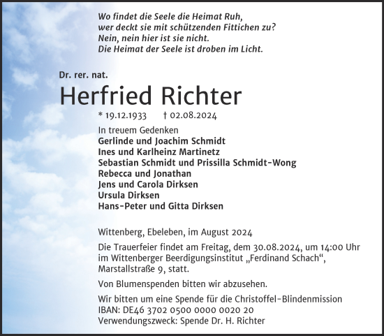 Traueranzeige von Herfried Richter von Trauerkombi Wittenberg