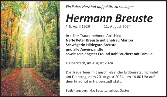 Traueranzeige von Hermann Breuste von Volksstimme Halberstadt