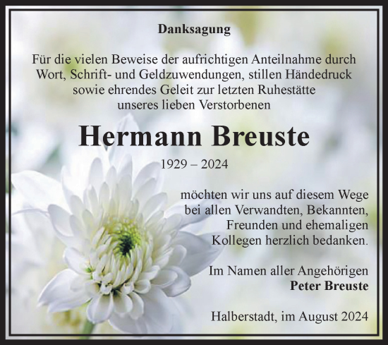 Traueranzeige von Hermann Breuste von Volksstimme Halberstadt