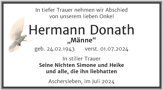 Traueranzeige von Hermann Donath von Trauerkombi Aschersleben