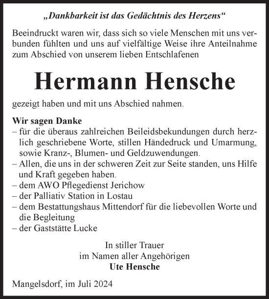 Traueranzeige von Hermann Hensche von Volksstimme Burg/Genthin