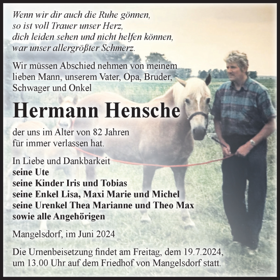 Traueranzeige von Hermann Hensche von Volksstimme Burg/Genthin