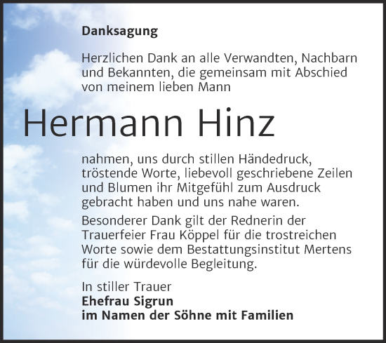 Traueranzeige von Hermann Hinz von Naumburger Tageblatt