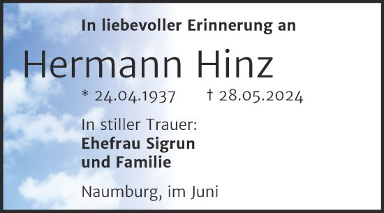 Traueranzeige von Hermann Hinz von Naumburger Tageblatt