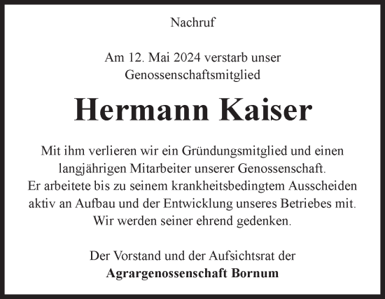 Traueranzeige von Hermann Kaiser von Volksstimme Zerbst