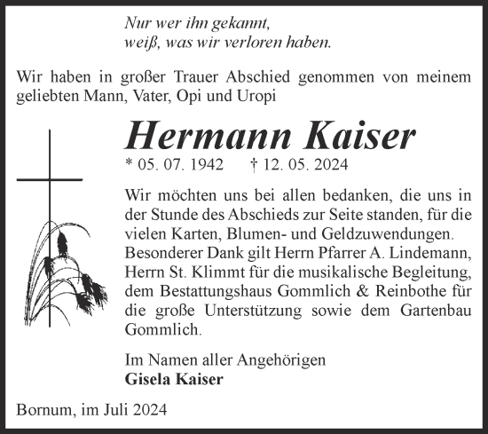 Traueranzeige von Hermann Kaiser von Volksstimme Zerbst