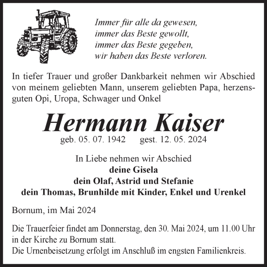 Traueranzeige von Hermann Kaiser von Volksstimme Zerbst