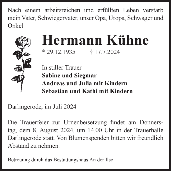 Traueranzeige von Hermann Kühne von Volksstimme Wernigerode