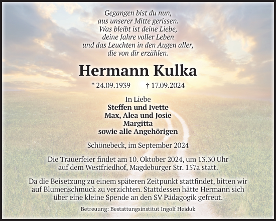 Traueranzeige von Hermann Kulka von Volksstimme Staßfurt