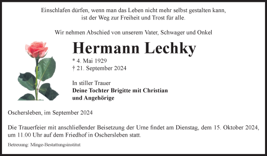Traueranzeige von Hermann Lechky von Volksstimme Oschersleben/Wanzleben