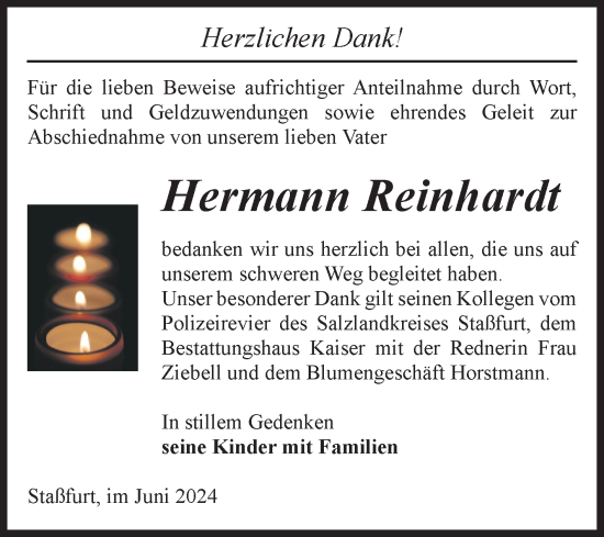 Traueranzeige von Hermann Reinhardt von Volksstimme Staßfurt
