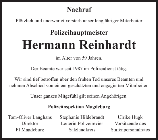 Traueranzeige von Hermann Reinhardt von Volksstimme Staßfurt