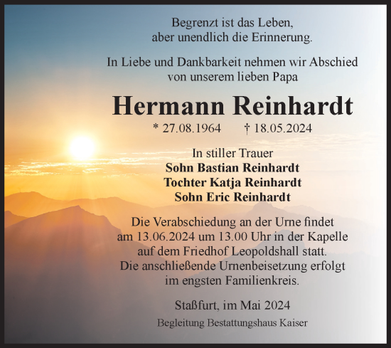 Traueranzeige von Hermann Reinhardt von Volksstimme Staßfurt