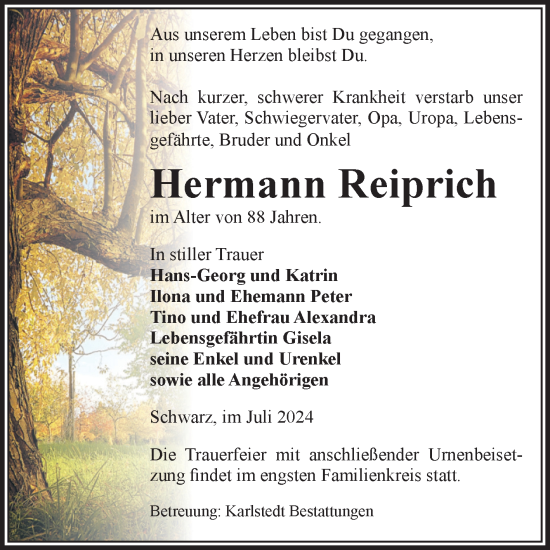 Traueranzeige von Hermann Reiprich von Volksstimme Schönebeck