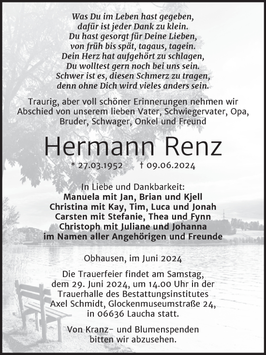 Traueranzeige von Hermann Renz von Trauerkombi Merseburg