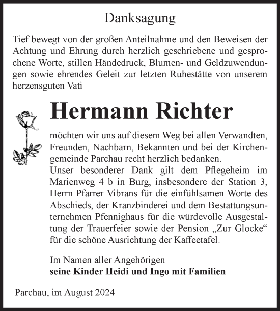 Traueranzeige von Hermann Richter von Volksstimme Burg/Genthin