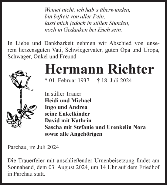 Traueranzeige von Hermann Richter von Volksstimme Burg/Genthin
