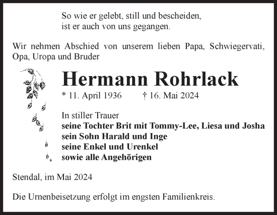 Traueranzeige von Hermann Rohrlack von Volksstimme Altmark Ost
