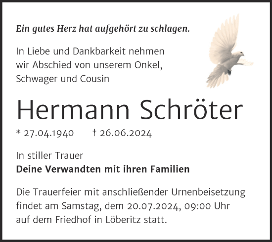 Traueranzeige von Hermann Schröter von Trauerkombi Bitterfeld