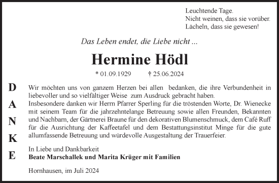 Traueranzeige von Hermine Hödl von Volksstimme Oschersleben/Wanzleben
