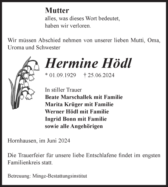 Traueranzeige von Hermine Hödl von Volksstimme Oschersleben/Wanzleben