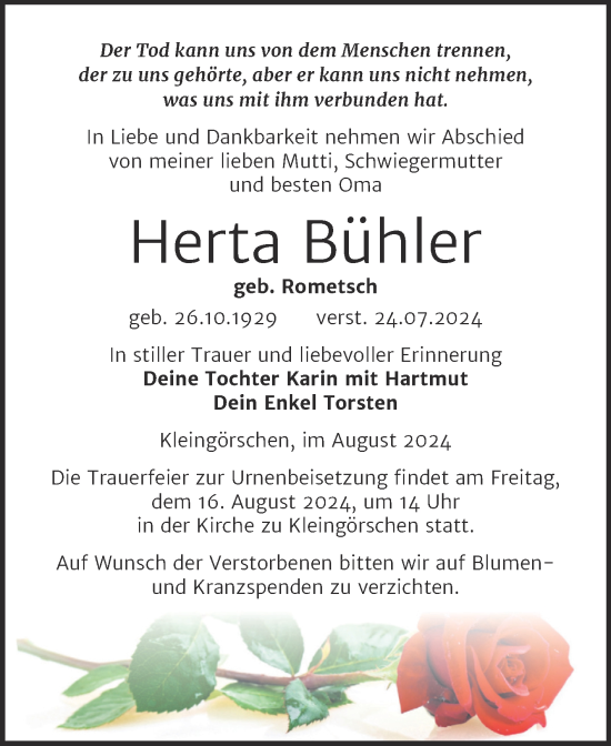 Traueranzeige von Herta Bühler von Trauerkombi Weißenfels