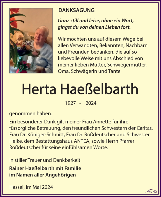 Traueranzeige von Herta Haeßelbarth von Trauerkombi Zeitz