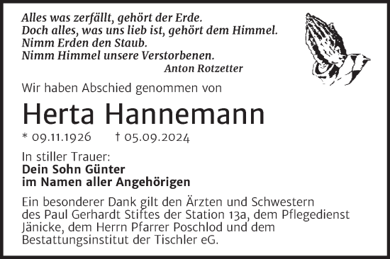 Traueranzeige von Herta Hannemann von Trauerkombi Wittenberg