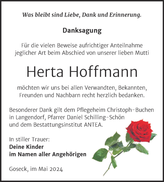 Traueranzeige von Herta Hoffmann von Trauerkombi Weißenfels