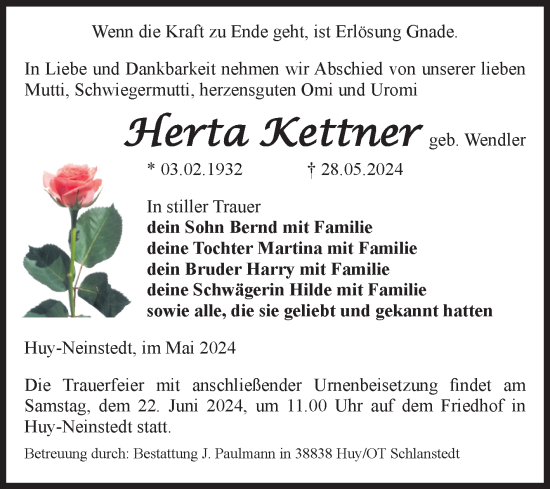 Traueranzeige von Herta Kettner von Volksstimme Halberstadt