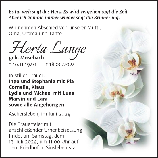 Traueranzeige von Herta Lange von Trauerkombi Quedlinburg