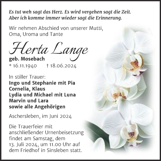 Traueranzeige von Herta Lange von Trauerkombi Aschersleben