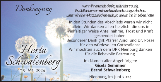 Traueranzeige von Herta Schwalenberg von Trauerkombi Bernburg