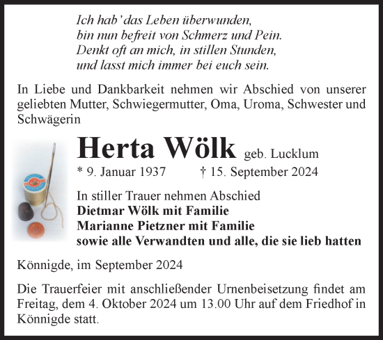 Traueranzeige von Herta Wölk von Volksstimme Altmark Ost