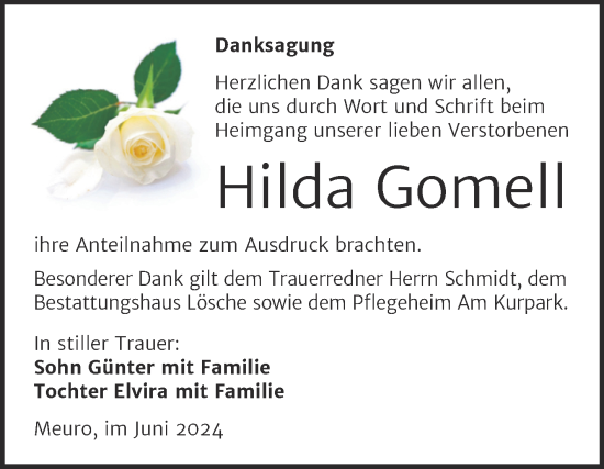Traueranzeige von Hilda Gomell von Trauerkombi Wittenberg