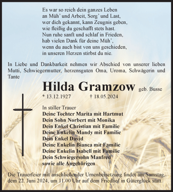 Traueranzeige von Hilda Gramzow von Volksstimme Zerbst