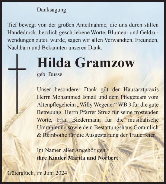 Traueranzeige von Hilda Gramzow von Volksstimme Zerbst
