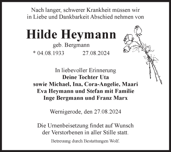 Traueranzeige von Hilde Heymann von Volksstimme Wernigerode