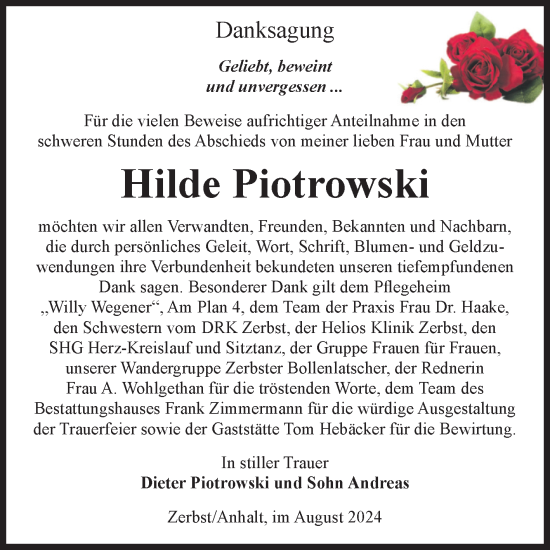 Traueranzeige von Hilde Piotrowski von Volksstimme Zerbst
