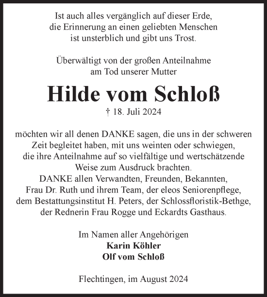 Traueranzeige von Hilde vom Schloß von Volksstimme Haldensleben/Wolmirstedt
