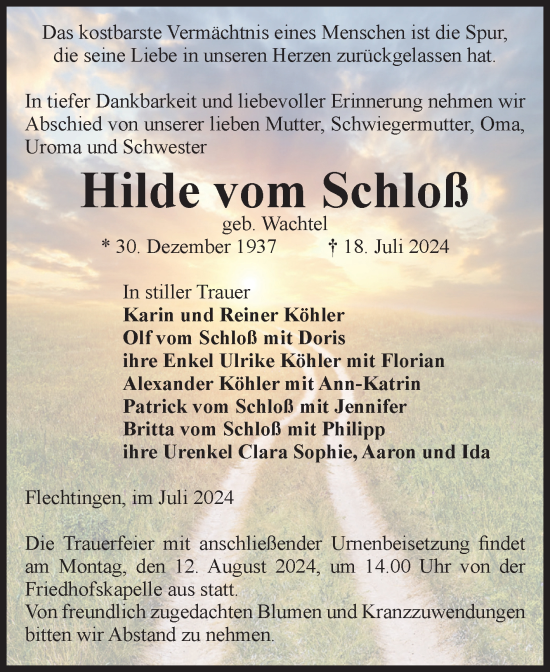 Traueranzeige von Hilde vom Schloß von Volksstimme Haldensleben/Wolmirstedt