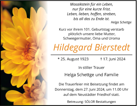 Traueranzeige von Hildegard Bierstedt von Volksstimme Magdeburg