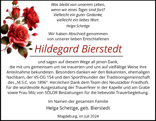 Traueranzeige von Hildegard Bierstedt von Volksstimme Magdeburg