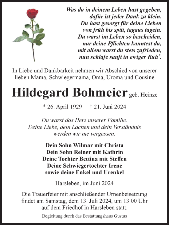 Traueranzeige von Hildegard Bohmeier von Volksstimme Halberstadt