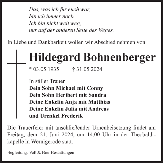 Traueranzeige von Hildegard Bohnenberger von Volksstimme Wernigerode