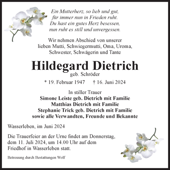 Traueranzeige von Hildegard Dietrich von Volksstimme Wernigerode