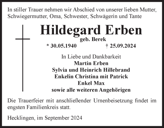 Traueranzeige von Hildegard Erben von Volksstimme Staßfurt